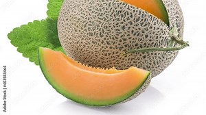 watermelon whole and slice cut of Japanese melons sweet, orange muskmelon or japan cantaloupe melon with a leaf on white background. Stock Video