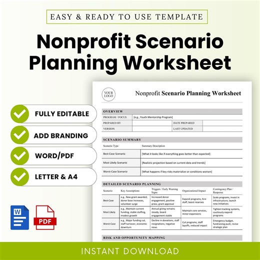 Nonprofit Scenario Planning Worksheet Template – Word & PDF, A4   US Letter - Etsy