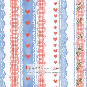 Watercolor Lace Stripe Seamless Pattern Digital Paper – Blue Red Hearts and Gingham Detail Design - Etsy