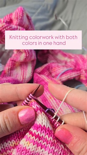 Katie | Knitting & Oils on Instagram: "💓 Knitting colorwork with both colors in one hand 💓 I tried doing colorwork with one strand in each hand and my brain just wasn't getting it and it always felt like a chore. Then I learned I could hold them both in one hand and it changed everything! Save this post to give it a try 😊"