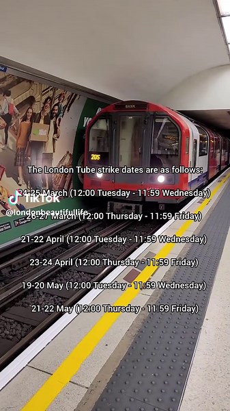The London Tube strike dates are as follows: 24-25 March (12:00 Tuesday - 11:59 Wednesday) 26-27 March (12:00 Thursday - 11:59 Friday) 21-22 April (12:00 Tuesday - 11:59 Wednesday) 23-24 April (12:00 Thursday - 11:59 Friday) 19-20 May (12:00 Tuesday - 11:59 Wednesday) 21-22 May (12:00 Thursday - 11:59 Friday) . . . . . . . . #London #LondonUnderground #Tube #TubeStrike #TFL