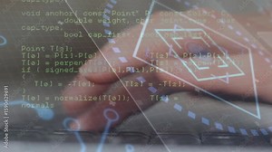 Hand hovering typing C++ code while hexagon graphics pulsing to build intersection algorithm Stock Video