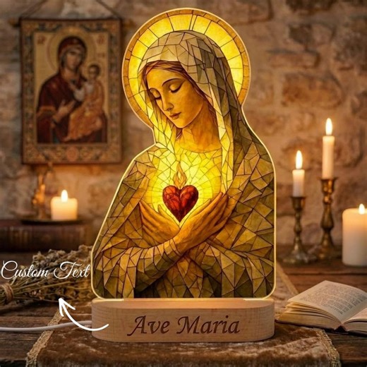 Virgin Mary Stained Glass Lamp, Ave Maria Night Light, Christian Gift With Custom Text - Etsy