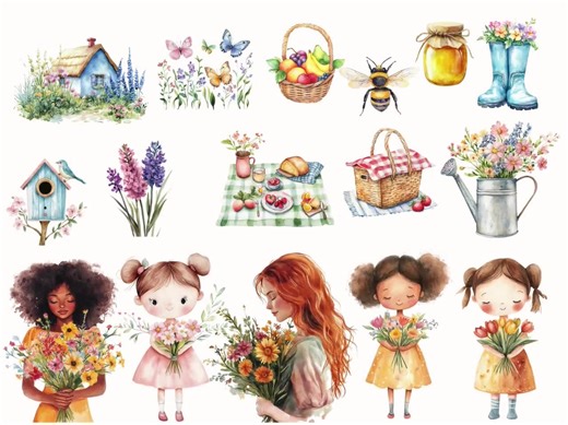 Hello Spring Clipart, Watercolor Garden, Farmhouse Spring Clip Art, Welcome Spring, Scrapbooking, Cottagecore, Woodland Floral, Colourful - Etsy Australia