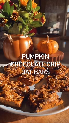 Pumpkin Chocolate Chip Oat Bars ✨ Soft, chewy, cozy, and perfectly spiced — my sous chefs absolutely loved these gluten-free, refined sugar-free, delicious bites! 🍂 You’ll need: 🎃 1 cup pumpkin purée 🥜 ½ cup creamy peanut or almond butter 🍁 ½ cup pure maple syrup 🥚 1 large egg 🌿 2 tsp vanilla bean paste or extract 🌾 2¼ cups old-fashioned oats 🍂 2 tsp pumpkin pie spice 🧡 ¼ tsp cinnamon ⚖️ ½ tsp baking powder 🧂 ¼ tsp salt 🍫 ½ cup chocolate chips ( 2 tbsp for topping) ✨ Flaky sea salt to
