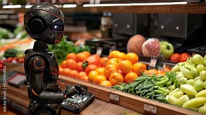 Robot assists customers with fresh produce selection in grocery store Stock Video