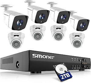 SMONET Security Camera System Wired,8CH 1080P Surveillance Camera System(2TB Hard Drive),8pcs 2MP Bullet/Dome CCTV Cameras,Super Night Vision,Plug and Play,Free APP,Easy Remote Review