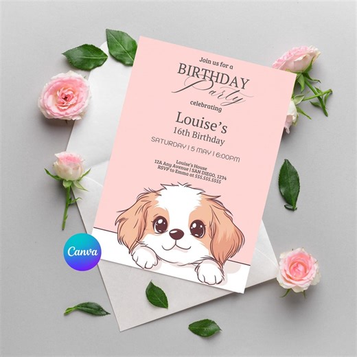 Pink Dog Birthday Invitation Editable Canva Template | Puppy Party Invite 5x7 Printable Instant Download