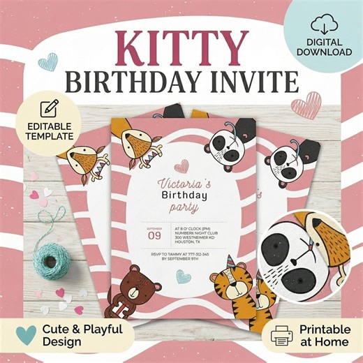 Kitty Birthday Invitation, Editable Kawaii Kitty Birthday Invite, Kitty Digital Birthday Invitation, Pink Kitten Cat Birthday Invite - Etsy
