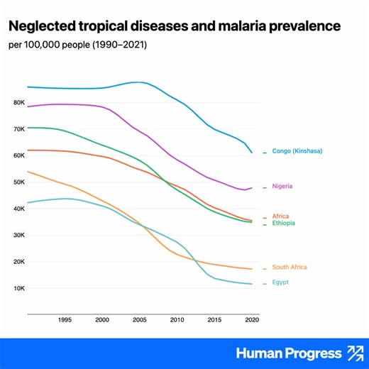 Since the 1990s, tropical diseases such as Guinea worm disease, trachoma, and sleeping sickness have become far less common across Africa. Explore the data: https://humanprogress.org/dataset/neglected-tropical-diseases-and-malaria-prevalence?countries=REG_2290-252-282-301-280-365&primary-data=8238&compare=null&chart-type=Line Chart&view=selected&value-type=score&calc-table-country-a=null&calc-table-country-b=null&x-axis-start=0&x-axis-end=10&y-axis-start=195&y-axis-end=87755&y-axis-log=false&x-a