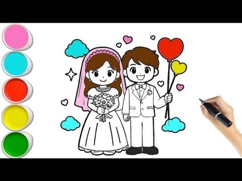 Cute Bride & Groom Drawing, Painting & Colouring For Kids and Toddlers_ Child Art