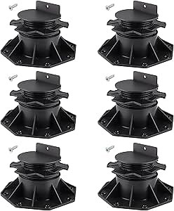 6 Pcs Joist Support Pedestals, Adjustable Plastic Pedestal Pavers Raising from 2-3/8" to 5-1/2", Deck Blocks Foundation with Screws for Flooring, Timber Base