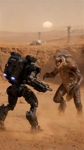 Robot vs alien on the Martian landscape #aivideo #creature #mechanic #robot #martian