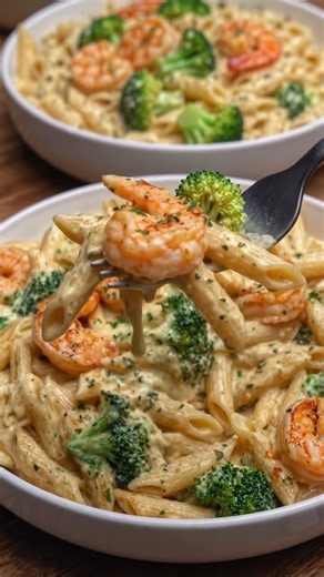 Creamy Shrimp Alfredo Penne with Broccoli