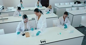 Laboratory, classroom help and teacher with research, future scientist class or college support