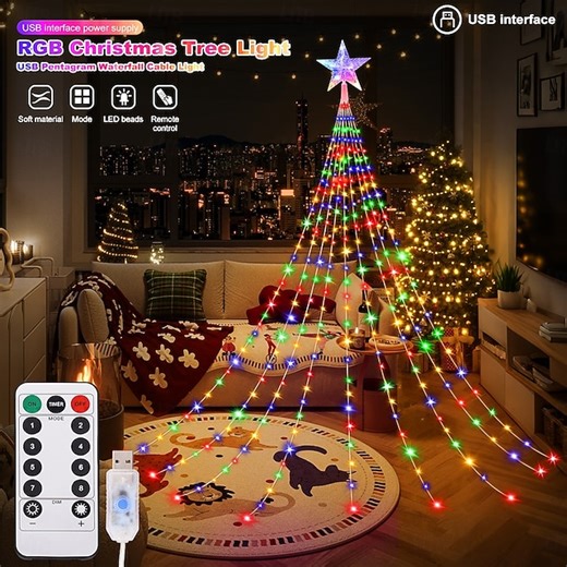 1 Pc 3M-288 Leds Star String Lights Indoor and Outdoor Courtyard Wedding Festival Party Tree Lights 8 Function Timer Remote Control USB Power Supply