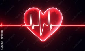 Glowing red heart with electrocardiogram pulse line in a vibrant neon design