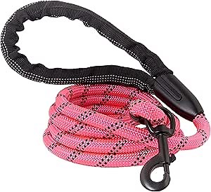 Dog Leash, Reflective Rope, Chew Resistant Paracord for Medium and Large Dogs, Durable Metal Clasp, Attaches to Pet Collar (5 Foot, Pink)