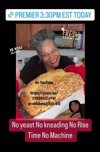 Premier at 3:30pm EST today Make your own bread! No yeast, no kneading, no rise time, no bread machine. https://youtu.be/CMXZKKEEvY4?si=eHUAovc2jVzD-d1D