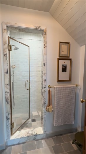 Erin Conway on Instagram: "Extremely happy we opted for this shower room instead of a glass wall enclosure. There is nothing wrong with either option, I just love how private and warm this style feels in this little space. Those who expressed concern did so before the space was complete, so maybe they have been swayed by the end result; but even if they have not- no regrets 🥰"