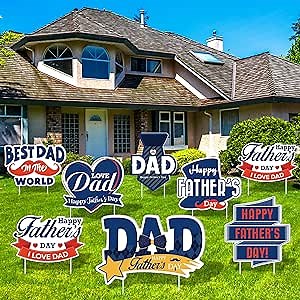 Aodaer 8 Packs Fathers Day Yard Signs with Stakes Waterproof Happy Father's Day Outdoor Decorations I Love Dad Yard Signs Father's Day Lawn Decorations for Dad Party Supplies