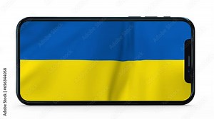 Waving flag of Ukraine on a mobile phone screen with low battery. 3d animation in 4k resolution video.