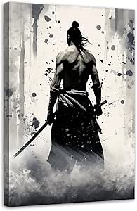 Japanese Samurai Wall Art Black and White Samurai Canvas Painting Prints Japan Bushido Pictures Wall Decor for Living Room Boys Room Decor Framed(Samurai-1,12.00" x 18.00")