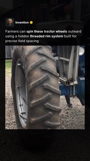 Vintage row crop tractors were engineered with adjustable rear rims that allow farmers to change wheel spacing without removing the tire. By loosening clamps and rotating the wheel along a threaded or rail style rim, the entire tire gradually shifts inward or outward. This adjustment helps match the tractor’s stance to different crop row widths, improving efficiency during planting, cultivating, and harvesting. It also increases stability on slopes or when pulling heavy implements. Power adjust 