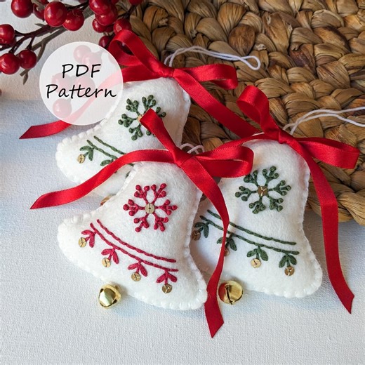 Felt Bell Christmas Ornament - Hand Embroidery PDF Pattern With Video Tutorial - Etsy