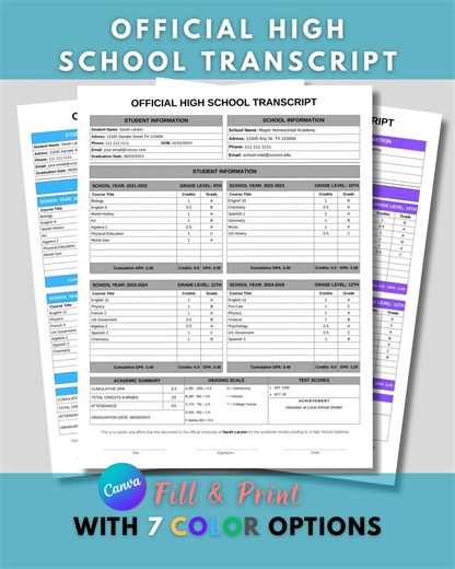 Editable High School Transcript Template, Official High School Transcript, Fillable Academic Record for Homeschool Students, Canva Template - Etsy