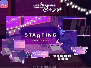 Lofi Twitch Overlay Pack – Animated Purple & Black Stream Bundle with Alerts, Scenes, Panels & Stinger