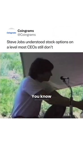 Coingrams on Instagram: "In a 1983 Q&A session at the International Design Conference in Aspen, Steve Jobs explained stock options as a way for employees to own part of the company, aligning their interests with its success. He described them as the right to purchase company stock at a fixed price in the future, allowing workers to benefit directly if the company’s value increases. Jobs emphasized that this ownership structure motivates employees to prioritize the company’s overall performance o
