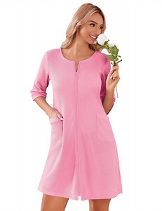 Ekouaer Zip Up Robes for Women Short Waffle Bathrobe Lightweight Knee Length Housecoat with Pockets Nightgown
