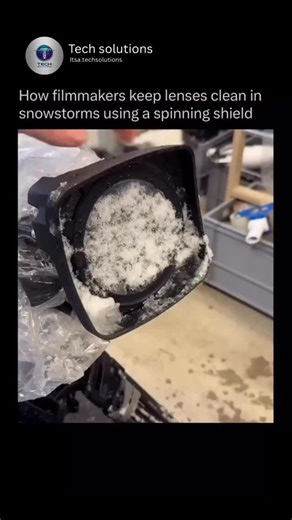 Tech solutions on Instagram: "Filmmakers use a clever spinning shield system to keep camera lenses clean during snowstorms, ensuring every shot stays sharp despite the harsh weather. The setup usually involves a clear, circular disk placed in front of the lens that spins at high speed using a small motor. As snowflakes, water droplets, or slush land on the disk, the rapid rotation immediately flings them outward through centrifugal force before they have a chance to stick or blur the frame. Beca