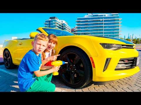 Dani Helps Fix a Yellow Car Wheel 🚗