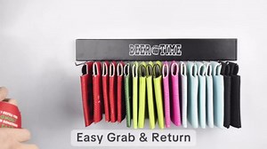 Stick on Can Cooler Holder Storage Wall Mount, Cooler Organizer Rack with 20 Rotatable Metal Hooks, Adhesive Drink Cooler Dispenser, Wooden Beer Sleeve Accessories for Fridge & Wall, Rust-Resistant