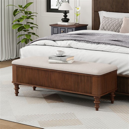 CQSXDA 50.8-Inch Multi-Functional Storage Ottoman Bench In Solid Rubberwood With Linen Seat For Bedroom And Entryway