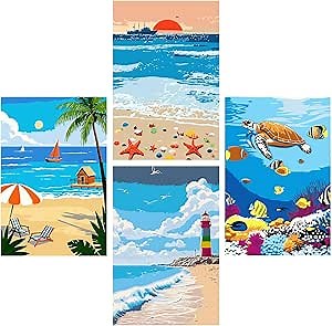 AUTMAPLA 4 Pack Beach Paint by Numbers Kit for Adults Beginner,Ocean Landscape Paint by Number on Canvas Watercolor DIY Acrylic Oil Simple Easy Small Paint by Numbers for Home Decor 8"X12"