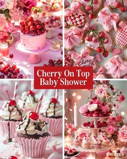 RubiLynn Design on Instagram: ""She's the Cherry on Top" Baby Shower Theme 🍒🎀 Celebrate your sweetest little arrival with a "She's the Cherry on Top" baby shower! This darling theme features a playful mix of pink and red tones, accented with charming cherry details and feminine touches throughout. A soft pink bow adds a delicate flair, while a bold wavy red border brings a retro, whimsical twist. Think cherry motifs, scalloped edges, and plenty of sweetness to match the little one on the way. 