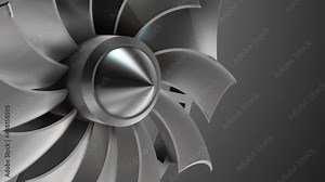 3D Rendering jet engine, close-up view jet engine blades. Closeup shot of spinning jet engine front fan. Loopable 3D animation.