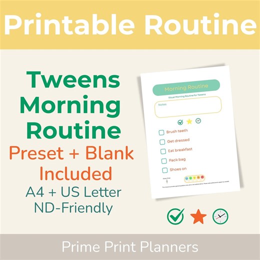 Tweens Morning Routine Chart Printable | Visual Schedule Checklist | Preset   Blank | A4   US Letter PDF - Etsy