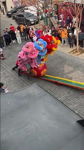 Four performers balance atop giant ball during lion dance in Beijing, China