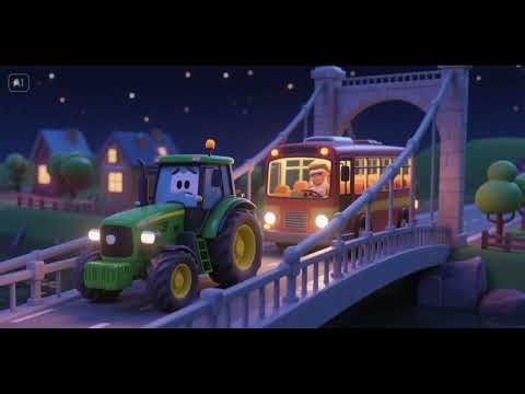 Tractor Bus Drives Over the Bridge at Night | Nighttime Vehicle Adventure Song