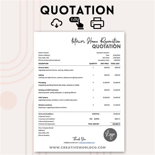 Interior Home Renovation Quotation | Google Sheets Template | Editable & Modern | Printable Home Renovation Quote Template - Etsy Australia