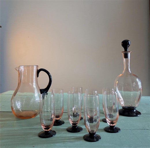 1930s Glassware, French Vintage Rose Coloured Pitcher, Glasses Service - Etsy