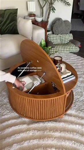 Stunning Walnut Fluted Round Coffee Table with Storage! ✨ Mid-Century Magic