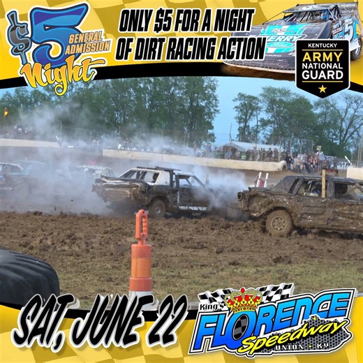 Join us this Saturday, June 22nd at Florence Speedway for only $5! Enjoy an exciting night of racing and an Outlaw Demo Derby, brought to you by the Kentucky Army National Guard. You won't find a better summer deal! To ensure a safer and more comfortable environment for staff, fans, and drivers in the anticipated heat, all starting times will be pushed back by an hour. Pit gates will now open at 5 PM, spectator gates at 6 PM, hot laps at 7 PM, and racing will begin at 8 PM. Get your tickets at t
