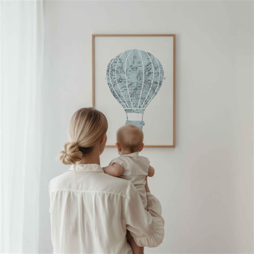 Blue Hot Air Balloon Printable Wall Art | Vintage Hot Air Balloon Nursery Decor | Old French World Map Printable - Etsy