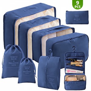 9 Set Packing Cubes for Travel, Durable Luggage Organizer Set with Hanging Toiletry Bag & Shoe Bag, Perfect Gift for Women Mom, Vacation Essentials for Travel (Navy Blue)