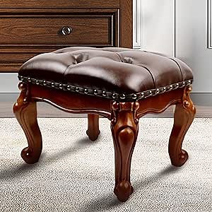 Leather Foot Stool Small,Vintage Ottoman Leather Foot Rest,Wooden Footrest,Upholstered Footstool for Couch/Living Room/Sofa,Cherry (12.6)